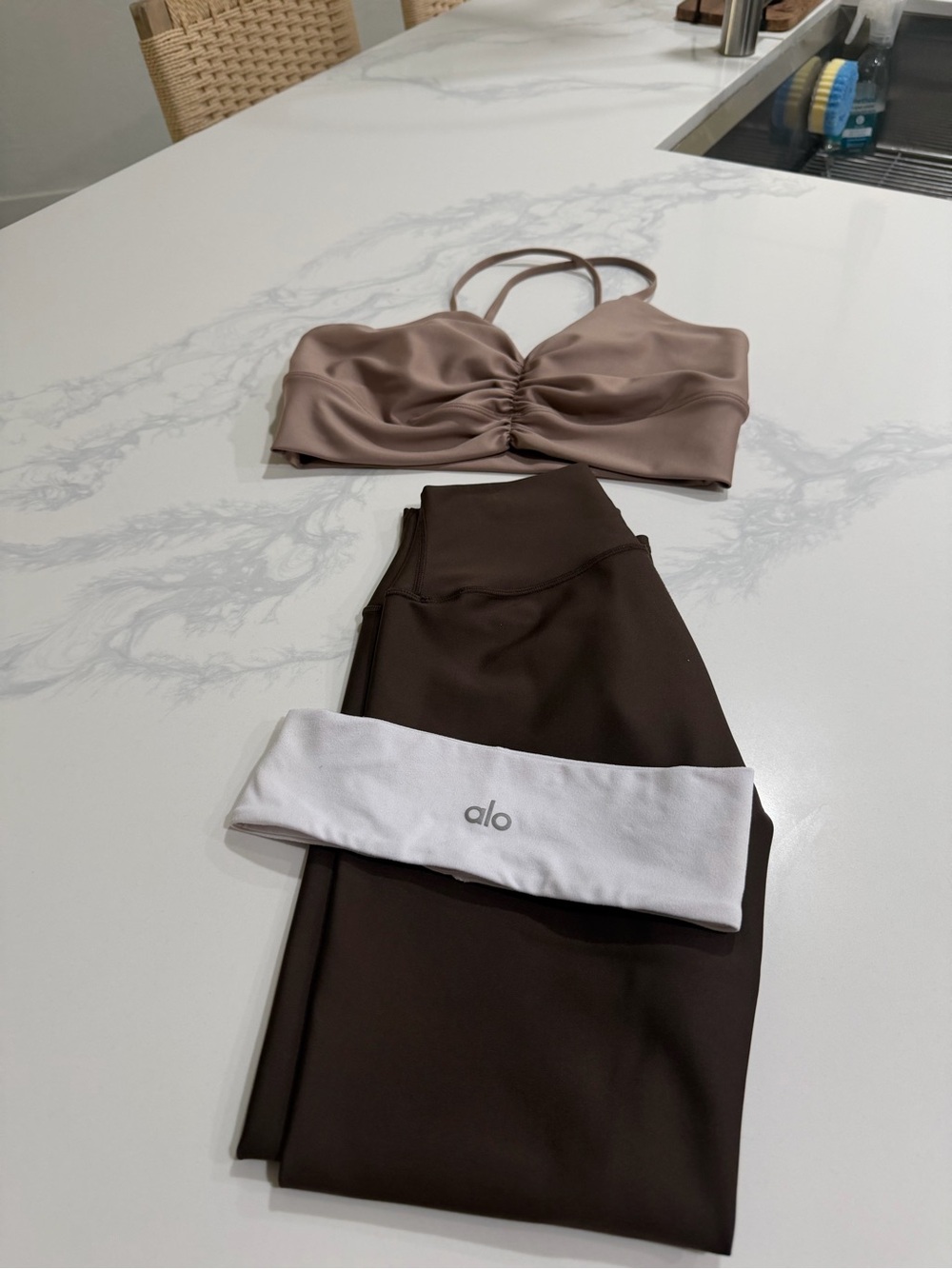 ALO Airlift Yoga Brown Leggings with Taupe Sports Bra and White Headband
